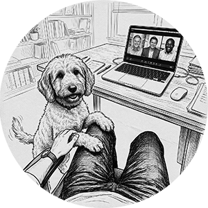 Sketch of a dog seeking attention during a video call.