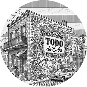 Black and white illustration of building with Todo de Cuba mural.