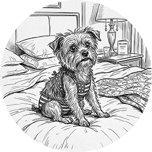 Illustration of a small dog in patriotic vest on bed.