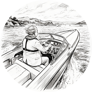 Sketch of a man in a suit driving a speedboat.