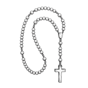 Black and white sketch of a rosary with beads and a crucifix.