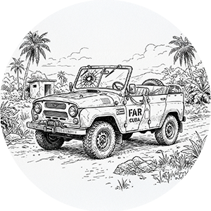 Sketch of a Cuban military jeep in a tropical landscape.