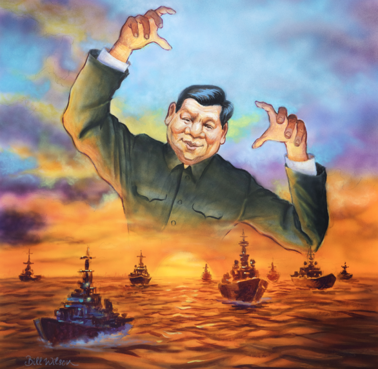 Caricature of Xi Jinping looming over a naval fleet.
