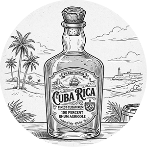 Illustration of a Cuba Rica rum bottle in tropical setting.