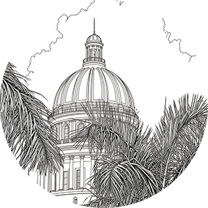 Line art of a domed building framed by palm fronds.