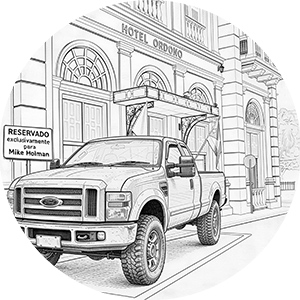 Line drawing of a Ford truck parked at Hotel Ordoño.
