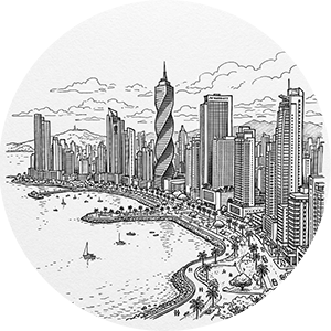 Black and white line drawing of a coastal city skyline.