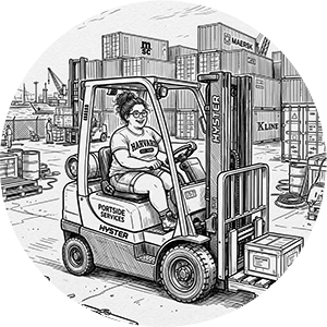 Illustration of a woman operating a forklift in a shipyard.