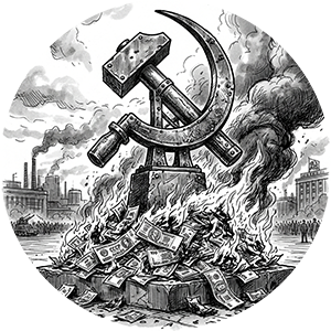 Hammer and sickle monument above a pile of burning money.