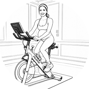 Pregnant woman smiling while riding a Peloton stationary bike.