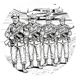 Black and white sketch of four armed soldiers near airplane.