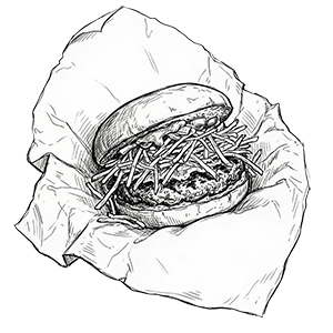 Black and white sketch of a burger with shoestring fries.