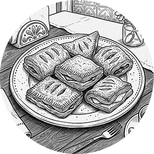 Black and white sketch of assorted pastries on a plate.