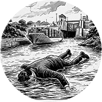 Illustration of a man floating in water near a cargo ship.