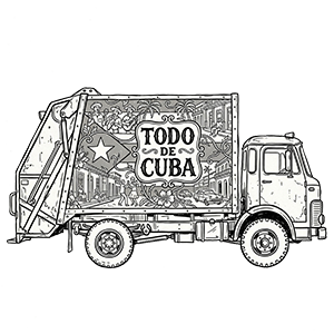Black and white illustration of a truck with Cuban artwork.