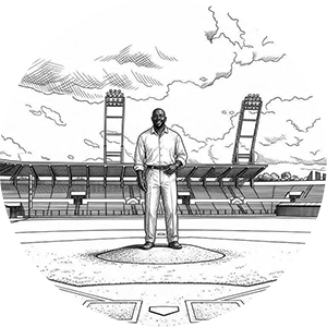 Illustration of a smiling man on a baseball pitcher's mound.