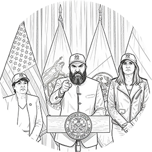 Sketch of people in Yankees caps at an NYC podium.