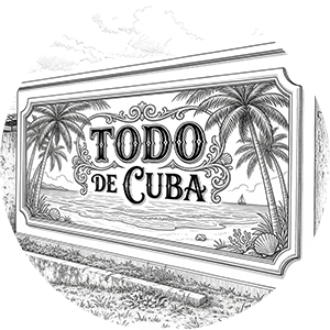 Vintage-style sign with 'Todo De Cuba' and tropical beach illustration.