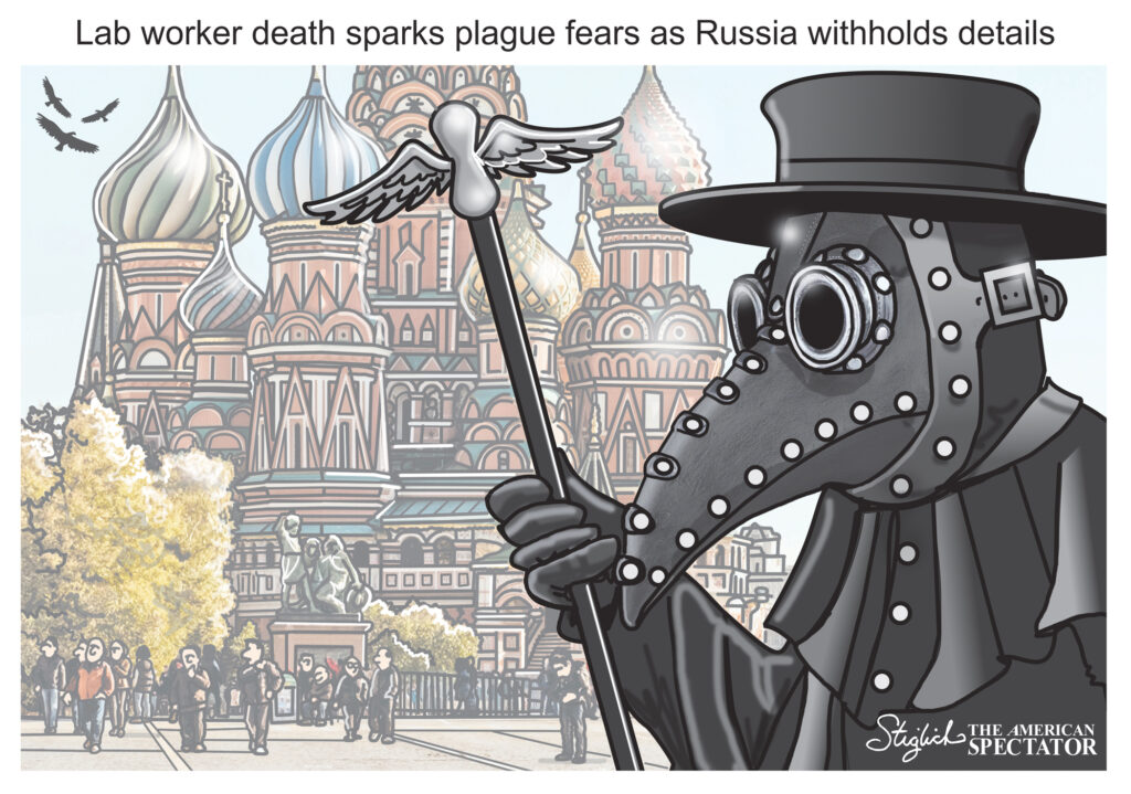 Cartoon of a plague doctor in front of Saint Basil's Cathedral.