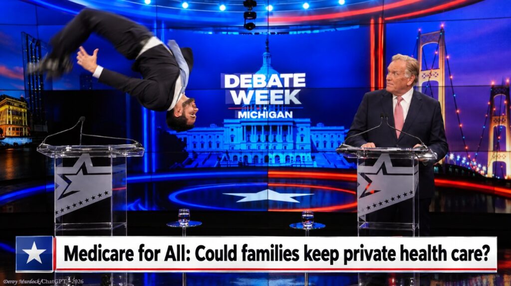 A man backflipping over a podium on a debate stage.