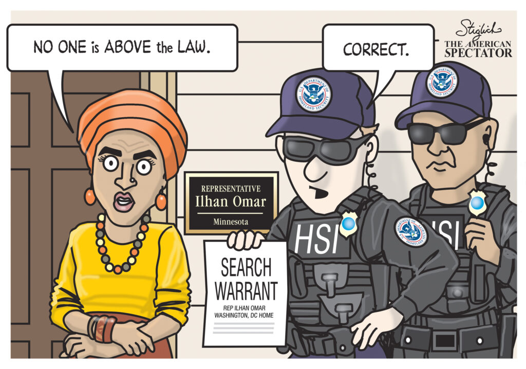 Political cartoon of Ilhan Omar served a search warrant by agents.