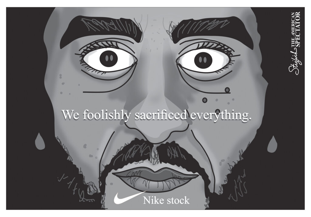 “Nike Stock Craters,” editorial cartoon by Tom Stiglich for The American Spectator on Oct. 5, 2026.